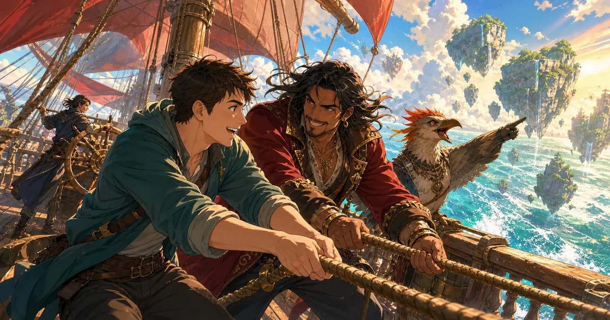 A traveller and a pirate captain haul a rope together while a seabird navigator points towards floating islands
