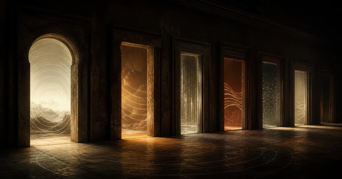 A dark hall of different glowing doorways, each shaped by a distinct sound pattern