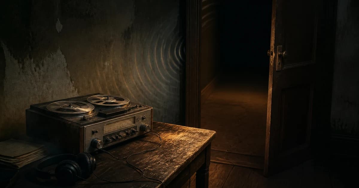 An old tape recorder and headphones beside a half-open door in a dark room