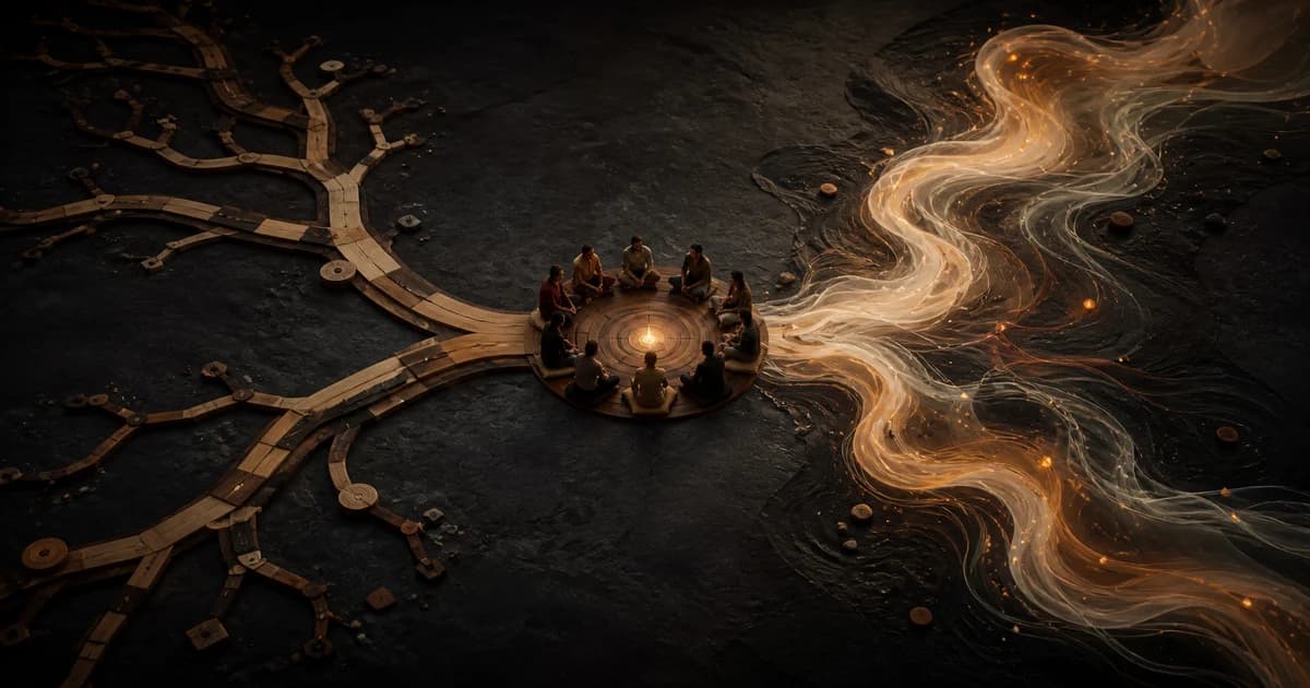 A crafted wooden branching path and a flowing luminous path meeting at one listening circle