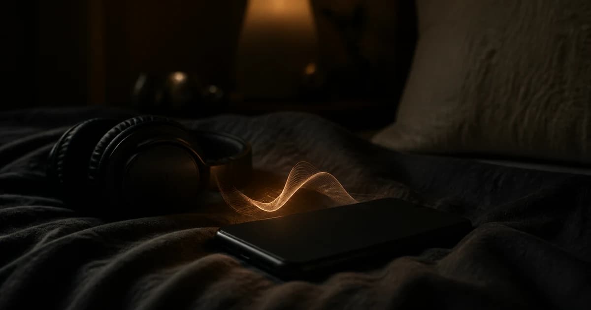 A black-screen phone and headphones on dark linen with a warm sound wave between them