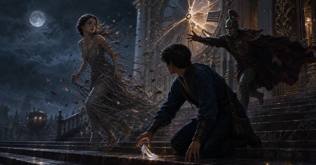 A young palace messenger reaches for a glowing glass slipper while an ash-dressed guest flees and a guard approaches beneath a fracturing clock