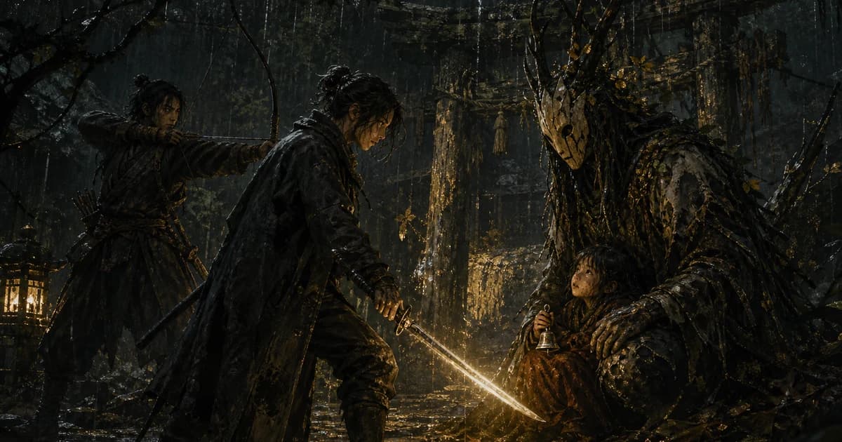 A young hunter lowers a glowing blade while a horned forest guardian shields a child and another hunter draws a bow