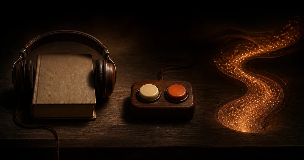 Headphones around a closed book, two physical choice buttons and a flowing ribbon of light on a dark table