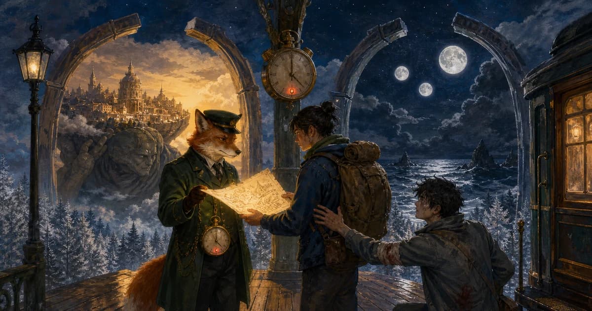 A young traveller accepts a glowing map from a fox-faced conductor while two storm-lit gates open above a silver forest