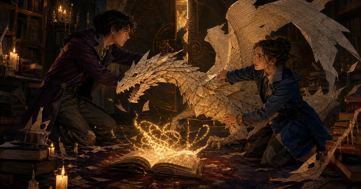 Two young magic students hold back a living paper dragon as a forbidden book opens in a candlelit library