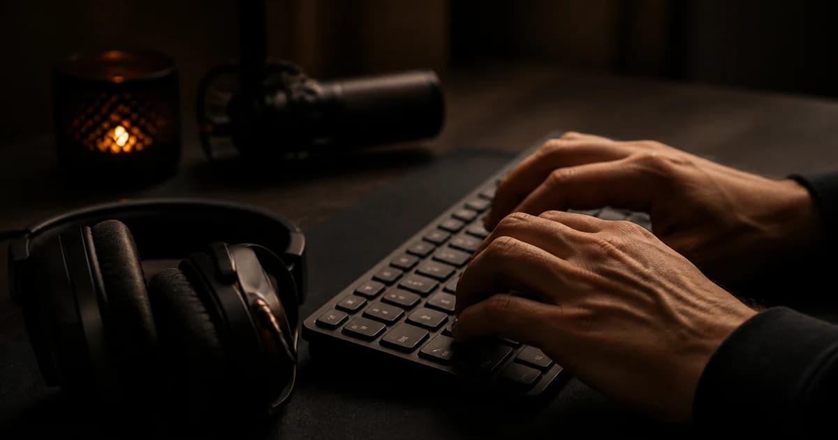 Hands typing on a compact keyboard beside headphones in a dark room