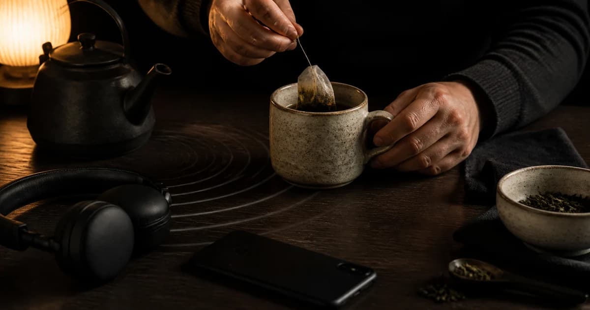 Adult hands making tea beside headphones and a face-down phone on a dark wooden table