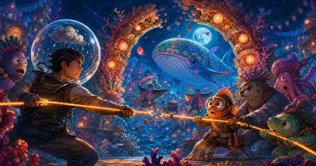 A human diver and colourful reef citizens pull a glowing cable as a parade whale approaches a broken coral arch