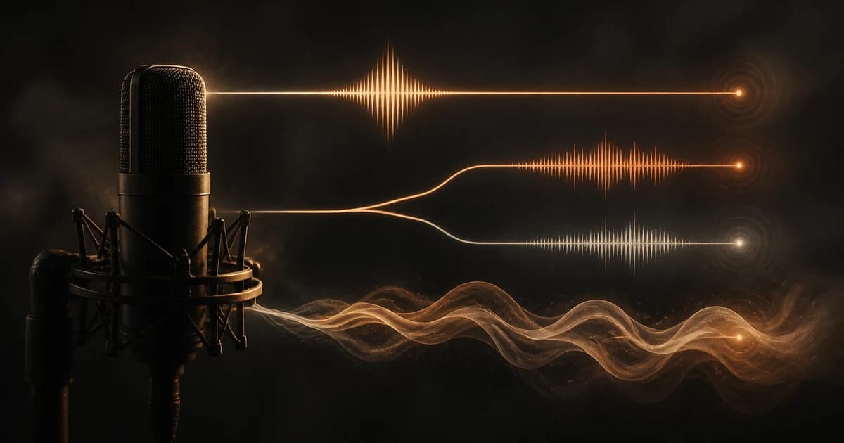 A microphone in darkness sending out three different unlabeled sound paths